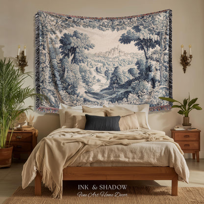 Toile Landscape Pastoral Wall Art | Countryside Wall Hanging French Blue and Cream Traditional Tapestry Romantic Chateau Blanket Monochrome