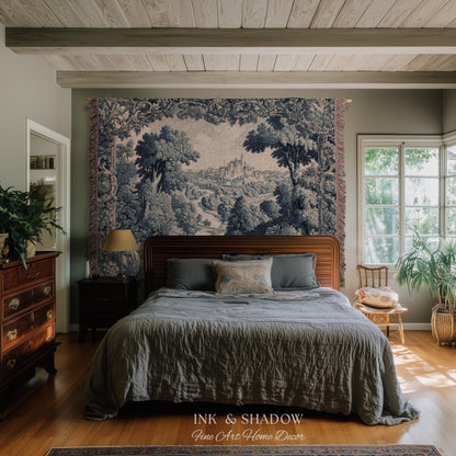 Toile Landscape Pastoral Wall Art | Countryside Wall Hanging French Blue and Cream Traditional Tapestry Romantic Chateau Blanket Monochrome