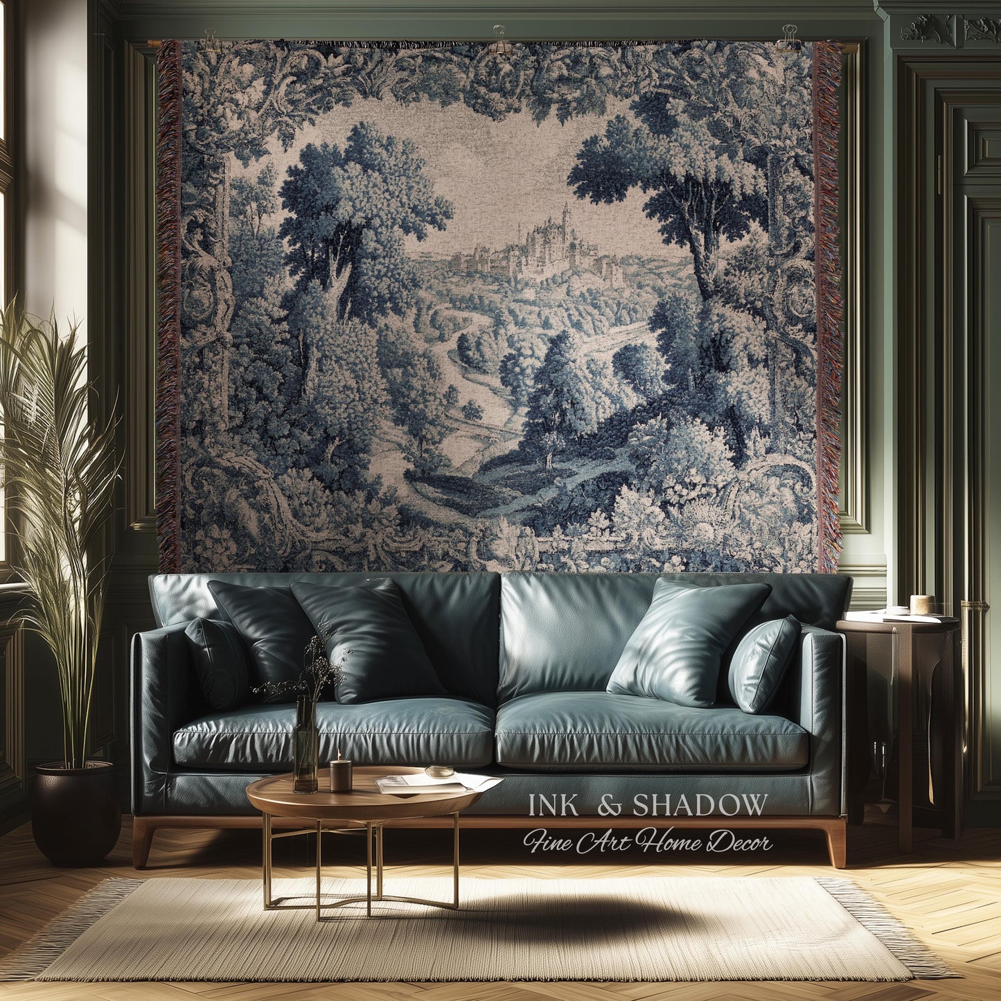 Toile Landscape Pastoral Wall Art | Countryside Wall Hanging French Blue and Cream Traditional Tapestry Romantic Chateau Blanket Monochrome