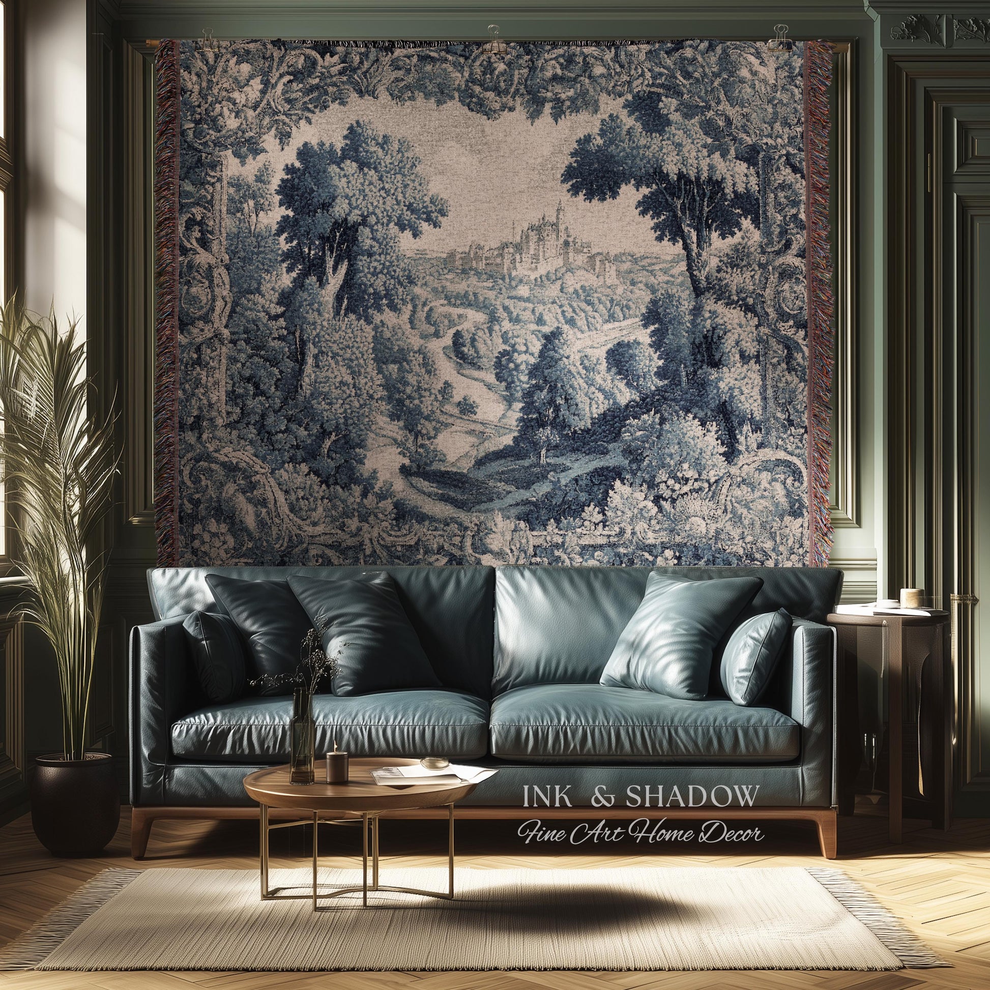 Toile Landscape Pastoral Wall Art | Countryside Wall Hanging French Blue and Cream Traditional Tapestry Romantic Chateau Blanket Monochrome