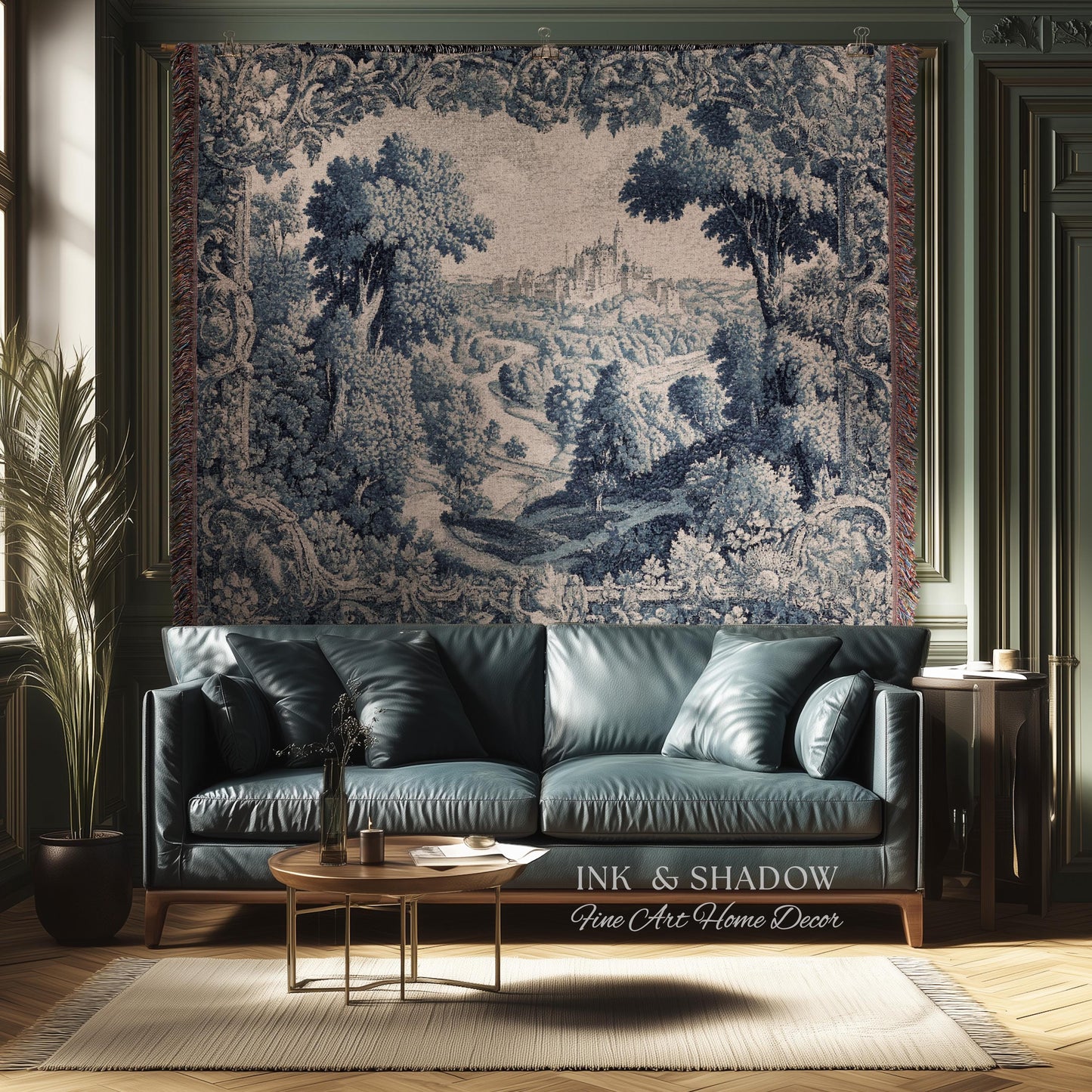 Toile Landscape Pastoral Wall Art | Countryside Wall Hanging French Blue and Cream Traditional Tapestry Romantic Chateau Blanket Monochrome