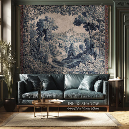 Toile Landscape Pastoral Wall Art | Countryside Wall Hanging French Blue and Cream Traditional Tapestry Romantic Chateau Blanket Monochrome