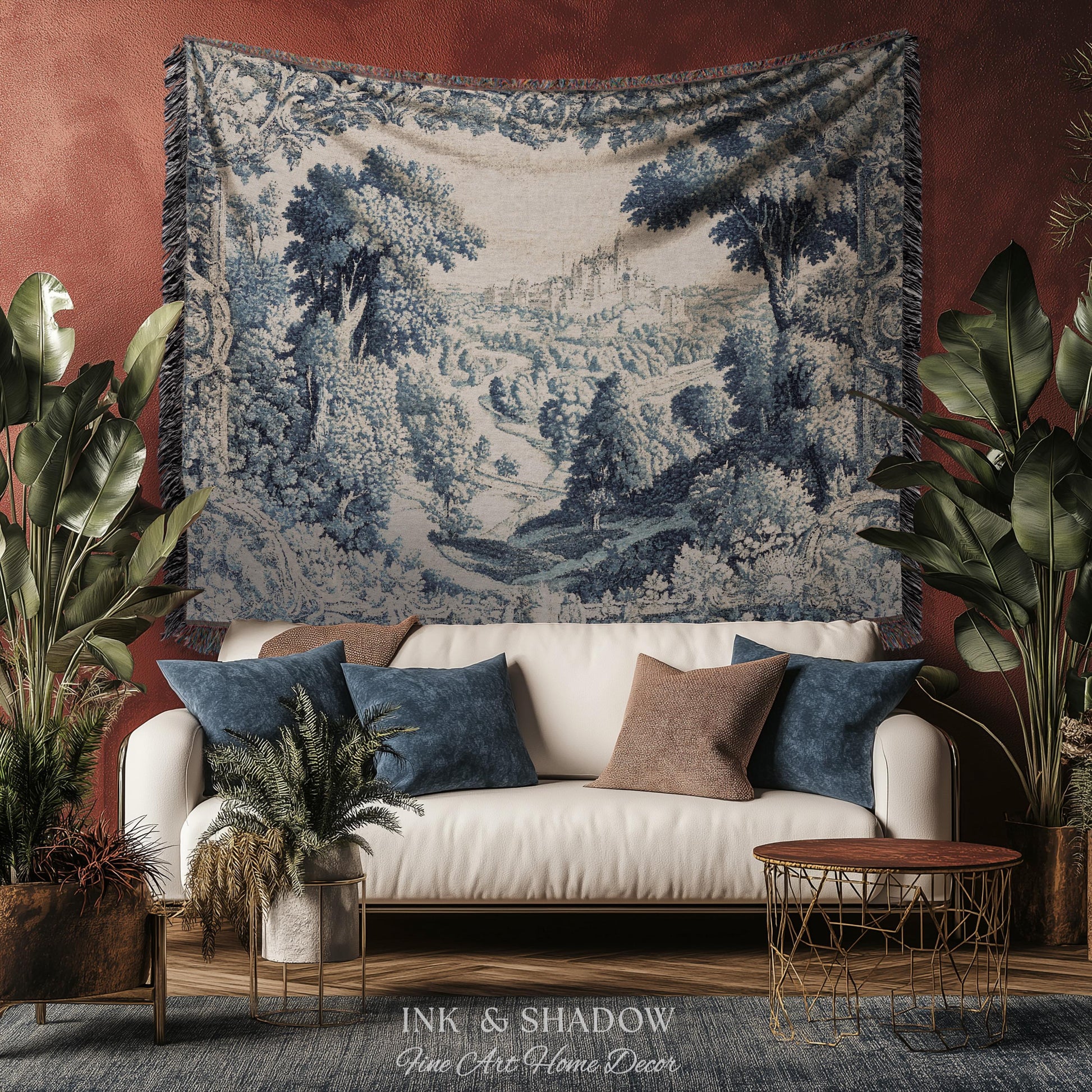 Toile Landscape Pastoral Wall Art | Countryside Wall Hanging French Blue and Cream Traditional Tapestry Romantic Chateau Blanket Monochrome