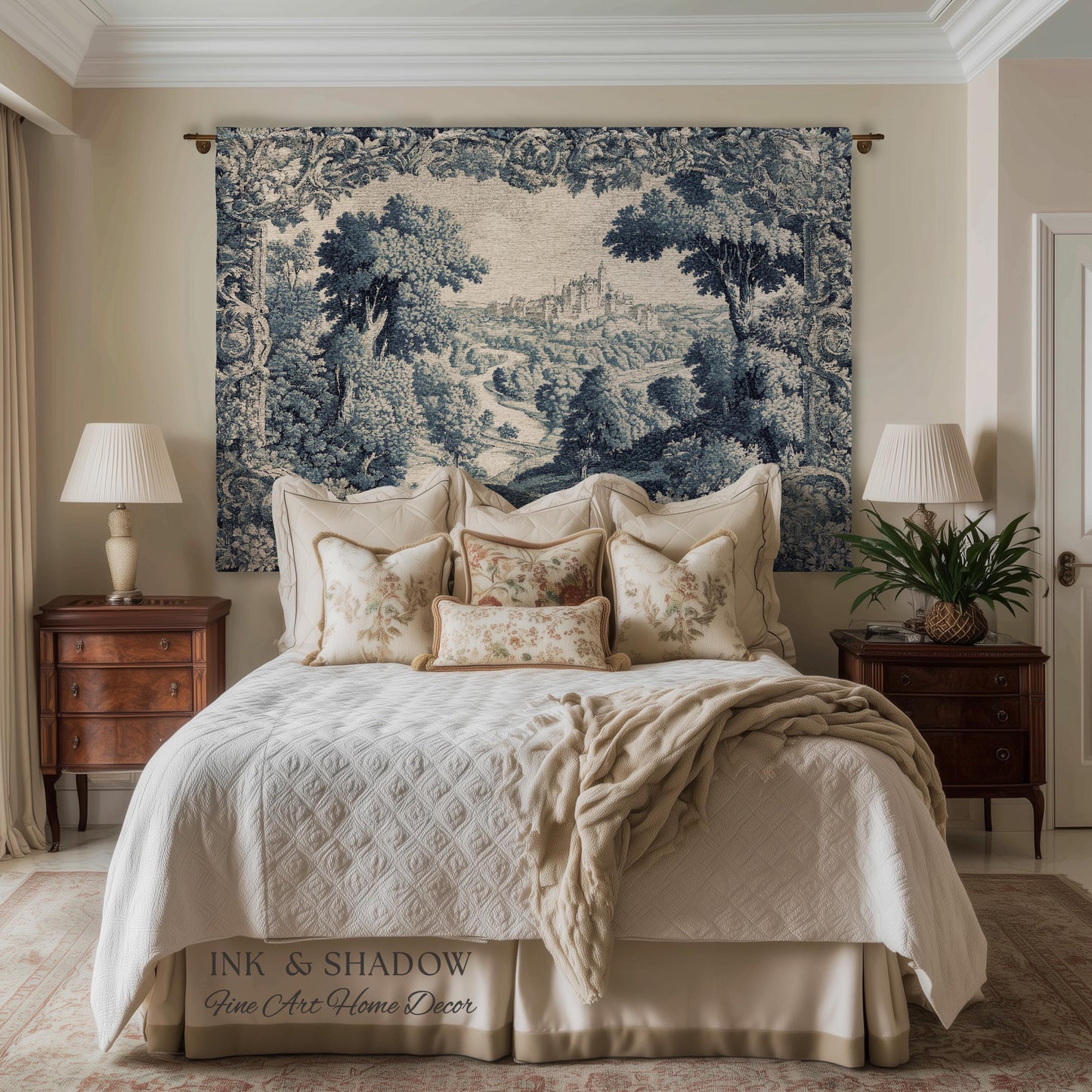Toile Landscape Pastoral Wall Art | Countryside Wall Hanging French Blue and Cream Traditional Tapestry Romantic Chateau Blanket Monochrome