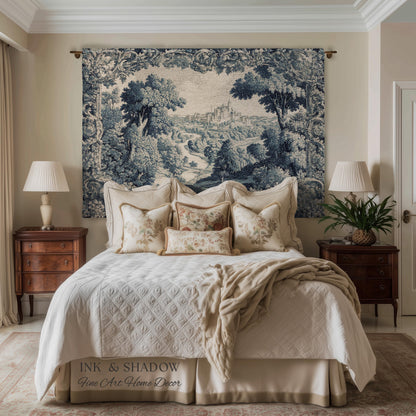 Toile Landscape Pastoral Wall Art | Countryside Wall Hanging French Blue and Cream Traditional Tapestry Romantic Chateau Blanket Monochrome