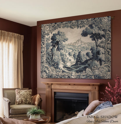 Toile Landscape Pastoral Wall Art | Countryside Wall Hanging French Blue and Cream Traditional Tapestry Romantic Chateau Blanket Monochrome