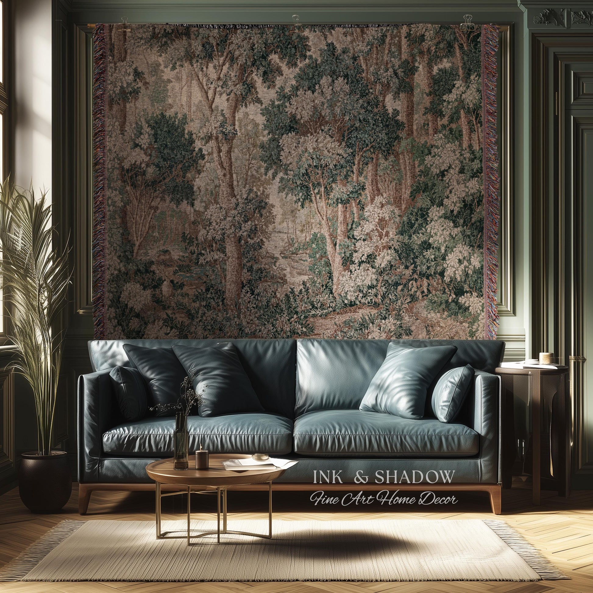 Pastoral Woodland Scene Forest Wall Hanging Jacquard Tapestry, European Verdure French Country Style Romantic Landscape Woven Throw Blanket