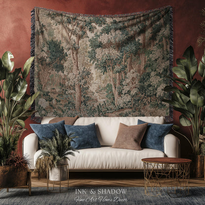 Pastoral Woodland Scene Forest Wall Hanging Jacquard Tapestry, European Verdure French Country Style Romantic Landscape Woven Throw Blanket