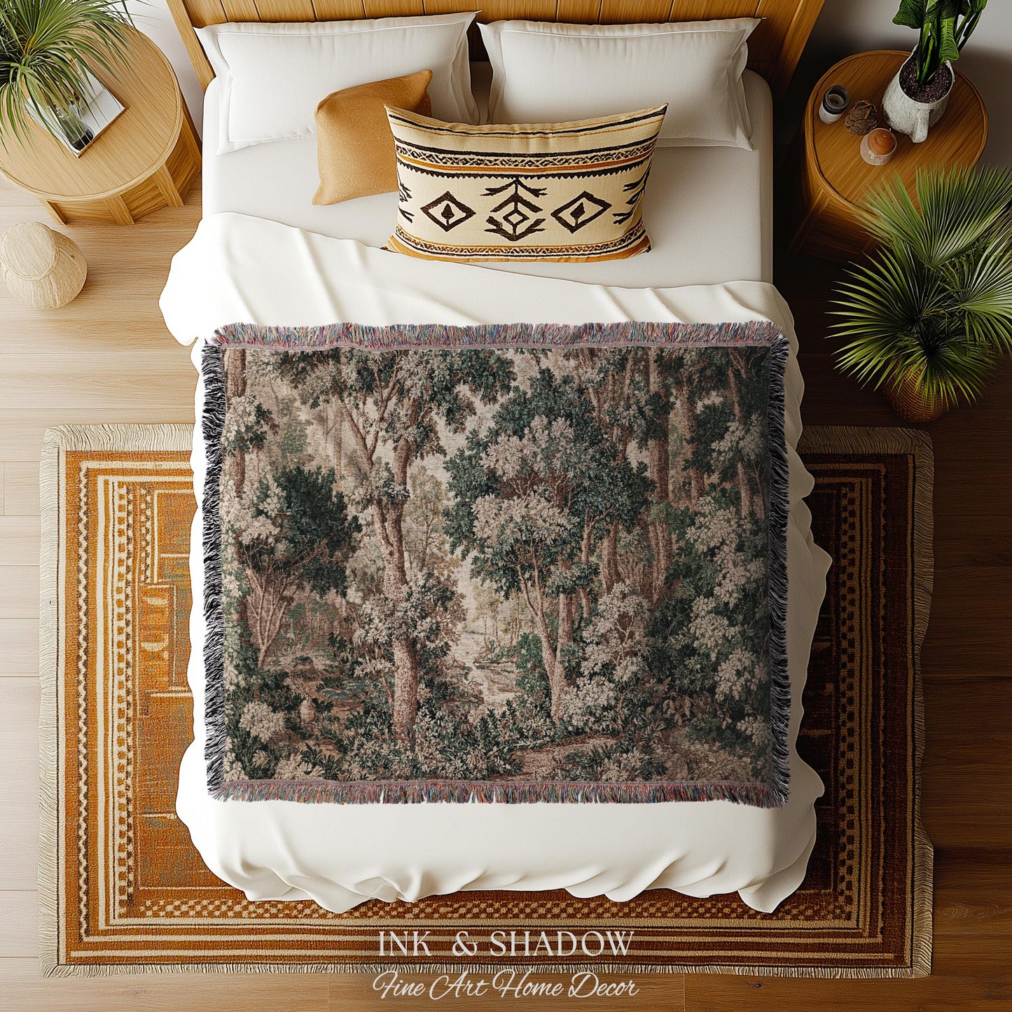 Pastoral Woodland Scene Forest Wall Hanging Jacquard Tapestry, European Verdure French Country Style Romantic Landscape Woven Throw Blanket