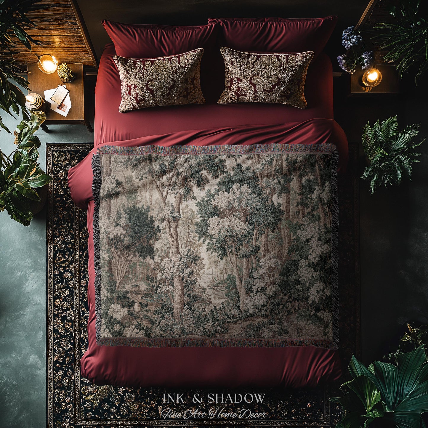 Pastoral Woodland Scene Forest Wall Hanging Jacquard Tapestry, European Verdure French Country Style Romantic Landscape Woven Throw Blanket