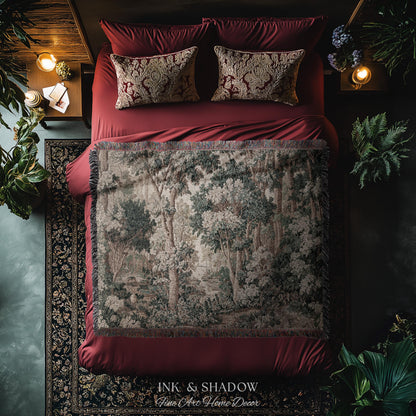 Pastoral Woodland Scene Forest Wall Hanging Jacquard Tapestry, European Verdure French Country Style Romantic Landscape Woven Throw Blanket