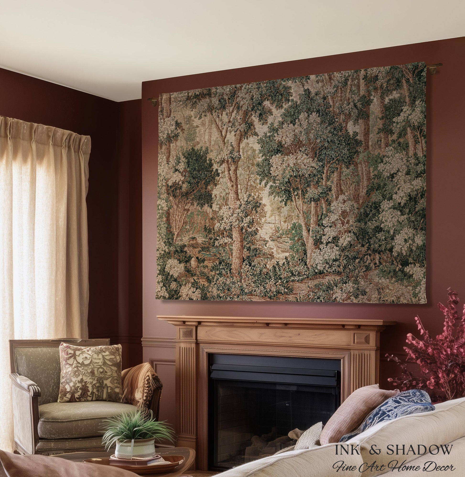 Pastoral Woodland Scene Forest Wall Hanging Jacquard Tapestry, European Verdure French Country Style Romantic Landscape Woven Throw Blanket