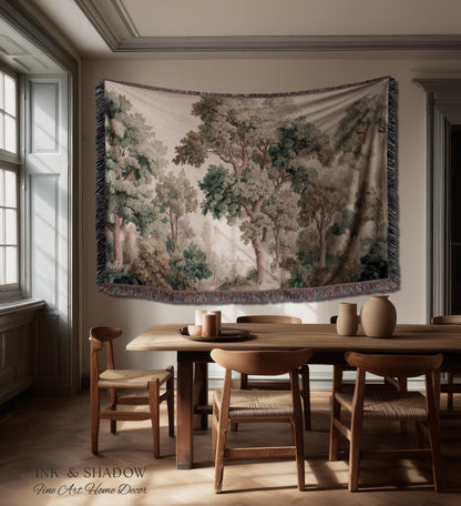 Misty Forest Verdure Tapestry Woven Wall Art | Painterly Tree Scene Classic European Throw Blanket French Country Woodland Interior Accent