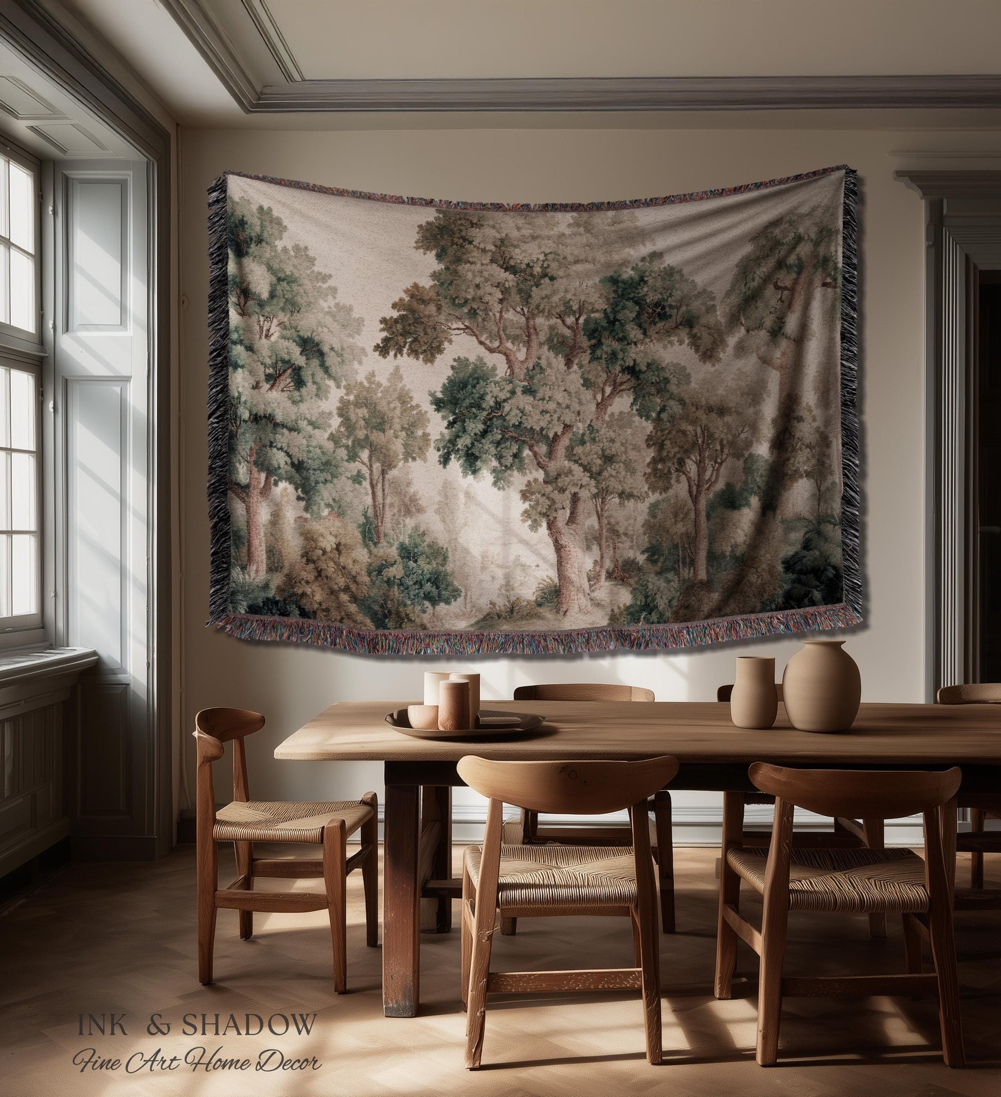 Misty Forest Verdure Tapestry Woven Wall Art | Painterly Tree Scene Classic European Throw Blanket French Country Woodland Interior Accent