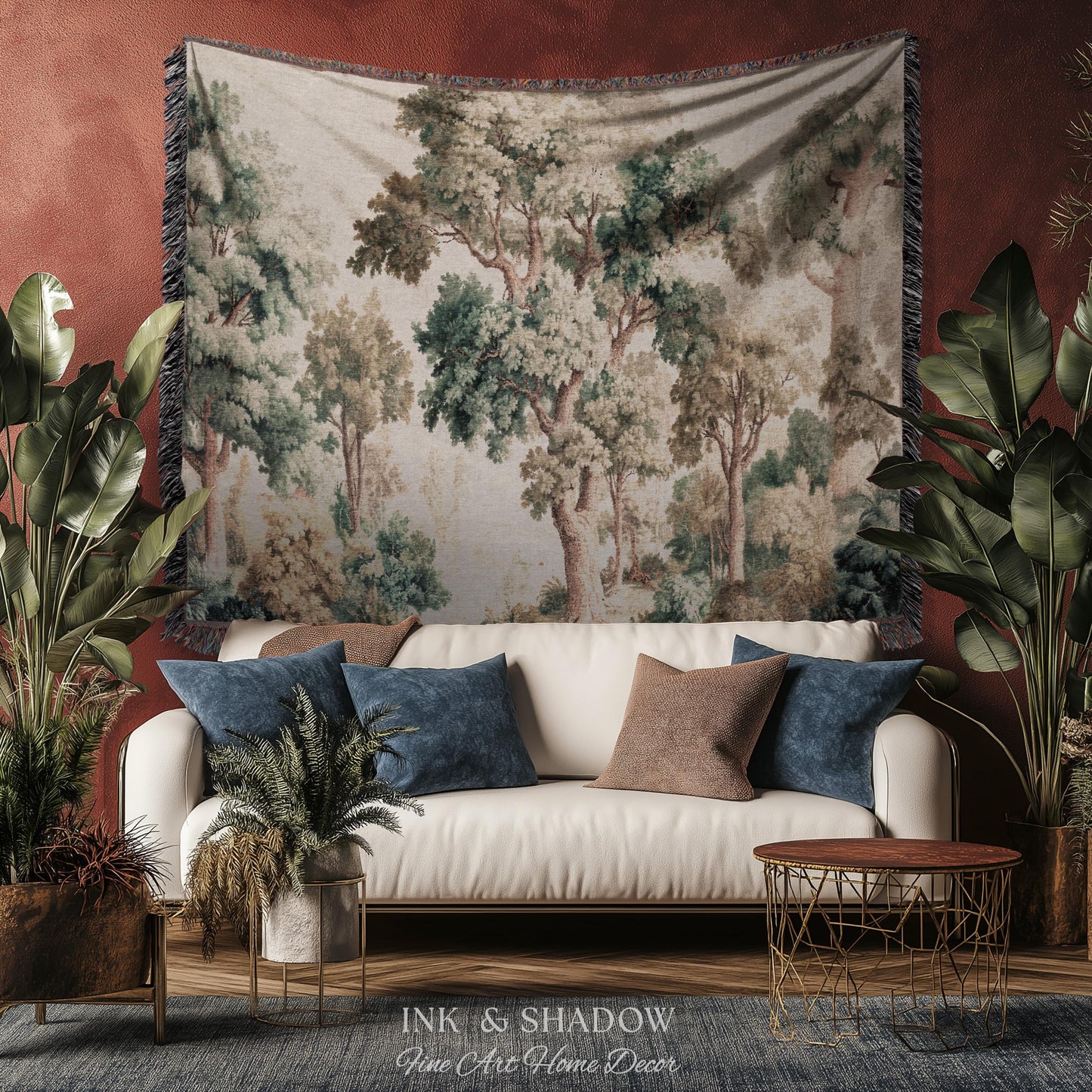 Misty Forest Verdure Tapestry Woven Wall Art | Painterly Tree Scene Classic European Throw Blanket French Country Woodland Interior Accent