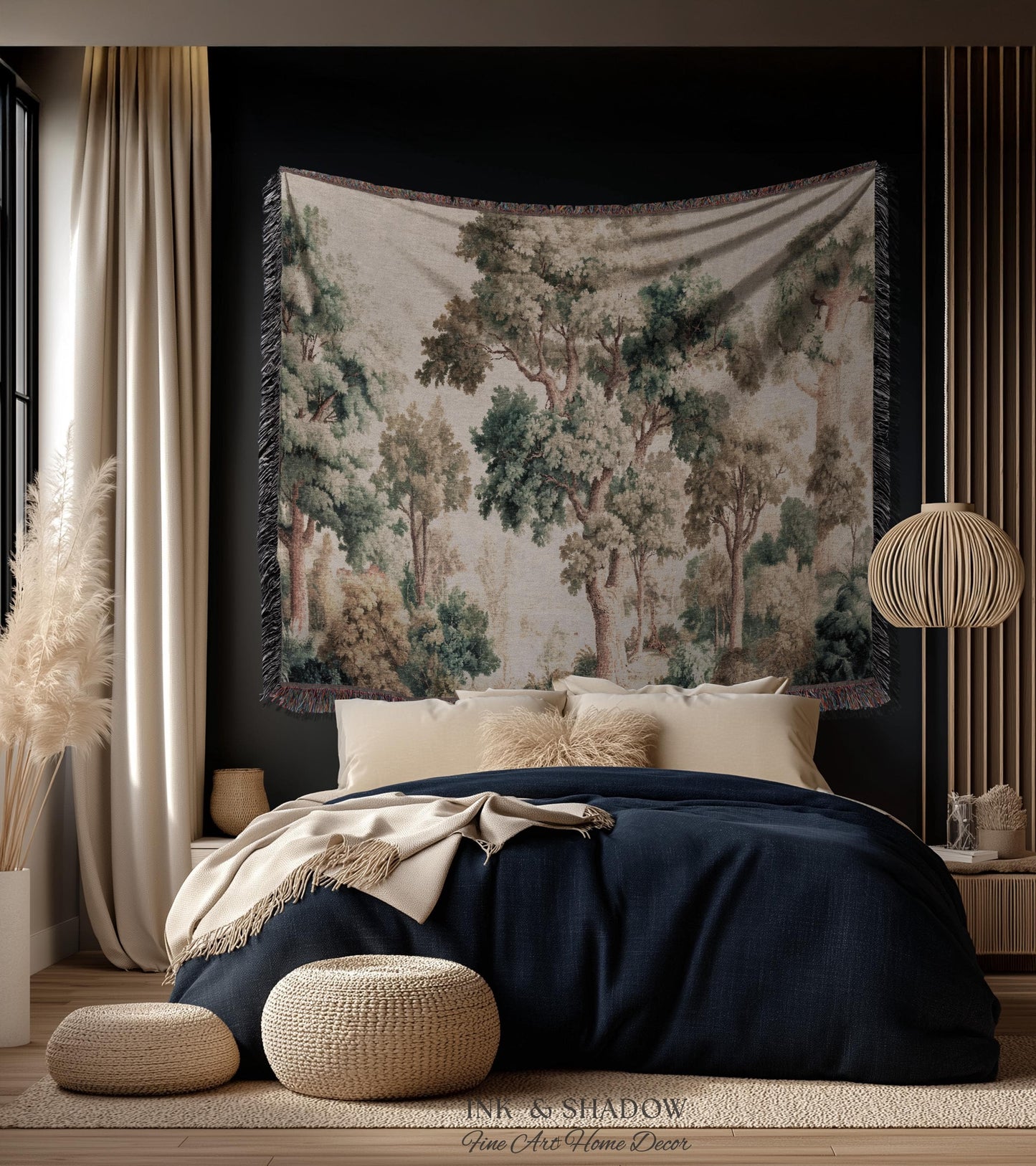 Misty Forest Verdure Tapestry Woven Wall Art | Painterly Tree Scene Classic European Throw Blanket French Country Woodland Interior Accent