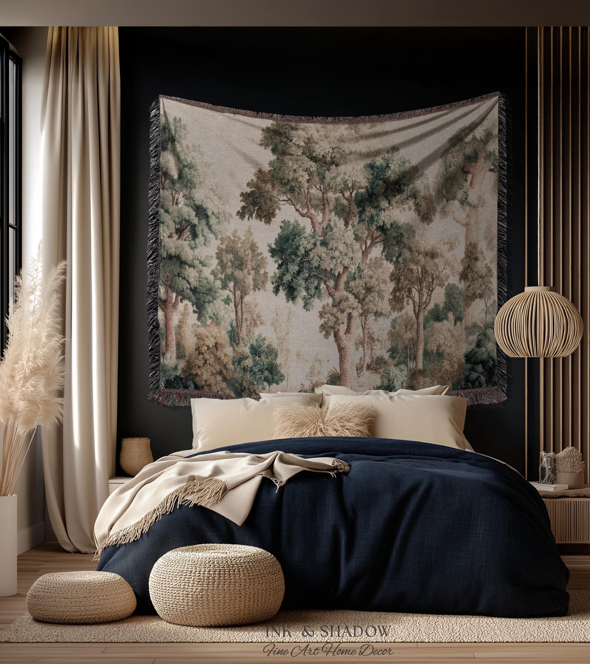 Misty Forest Verdure Tapestry Woven Wall Art | Painterly Tree Scene Classic European Throw Blanket French Country Woodland Interior Accent