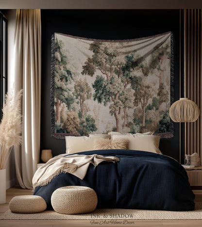 Misty Forest Verdure Tapestry Woven Wall Art | Painterly Tree Scene Classic European Throw Blanket French Country Woodland Interior Accent