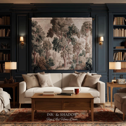 Misty Forest Verdure Tapestry Woven Wall Art | Painterly Tree Scene Classic European Throw Blanket French Country Woodland Interior Accent
