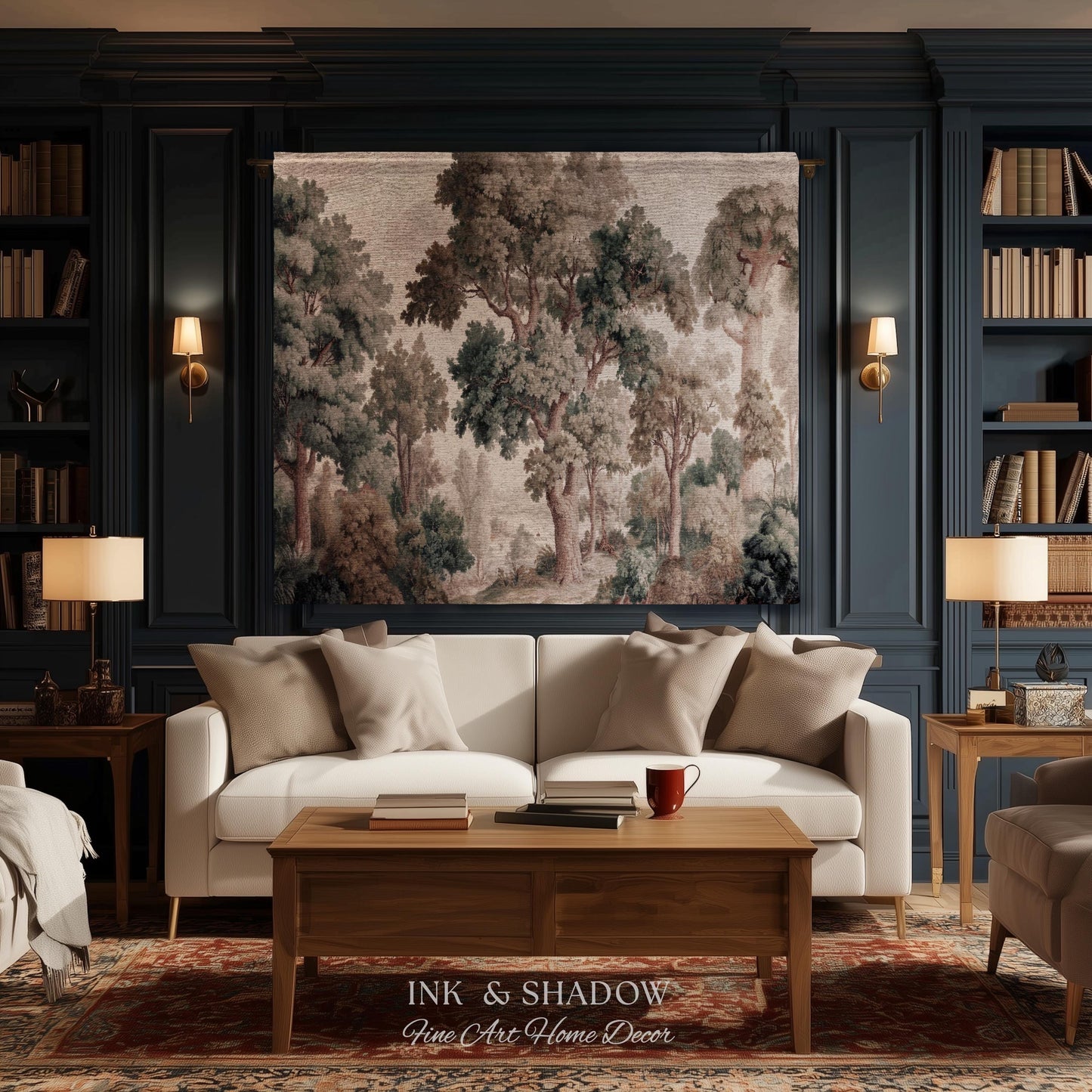 Misty Forest Verdure Tapestry Woven Wall Art | Painterly Tree Scene Classic European Throw Blanket French Country Woodland Interior Accent