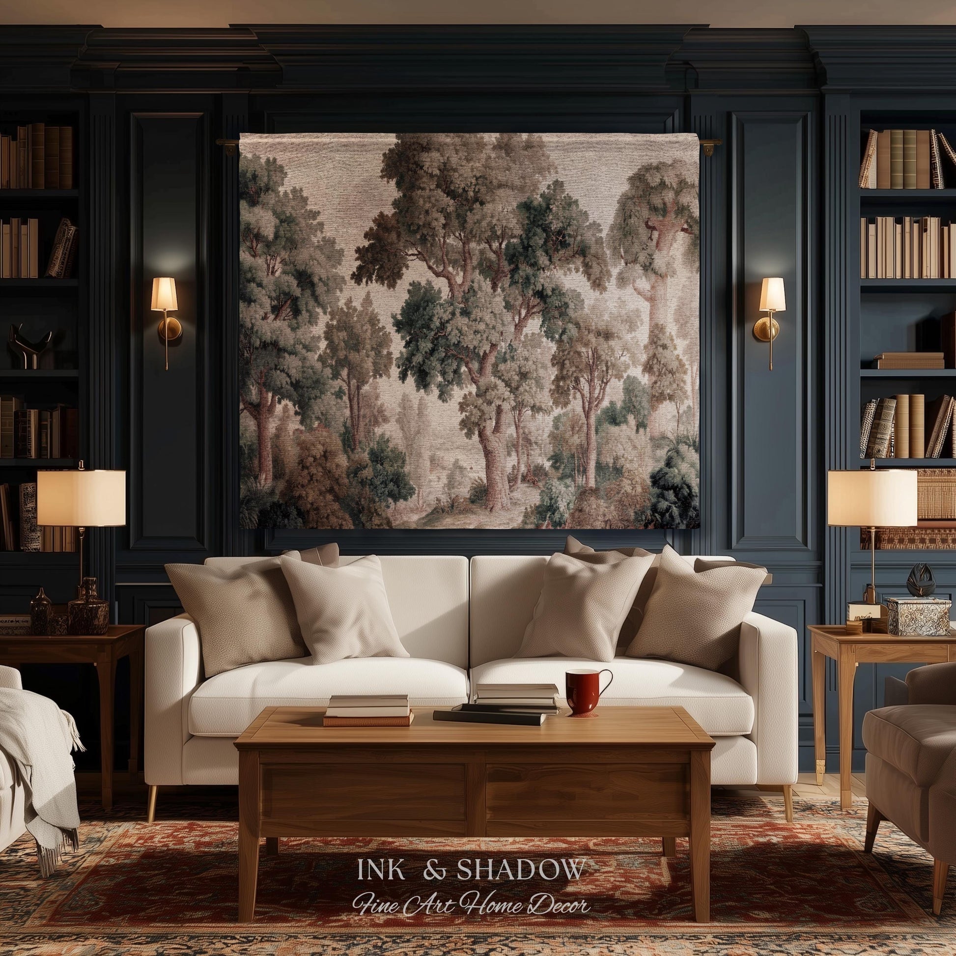 Misty Forest Verdure Tapestry Woven Wall Art | Painterly Tree Scene Classic European Throw Blanket French Country Woodland Interior Accent
