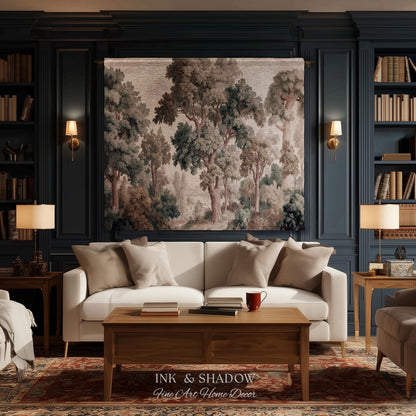 Misty Forest Verdure Tapestry Woven Wall Art | Painterly Tree Scene Classic European Throw Blanket French Country Woodland Interior Accent