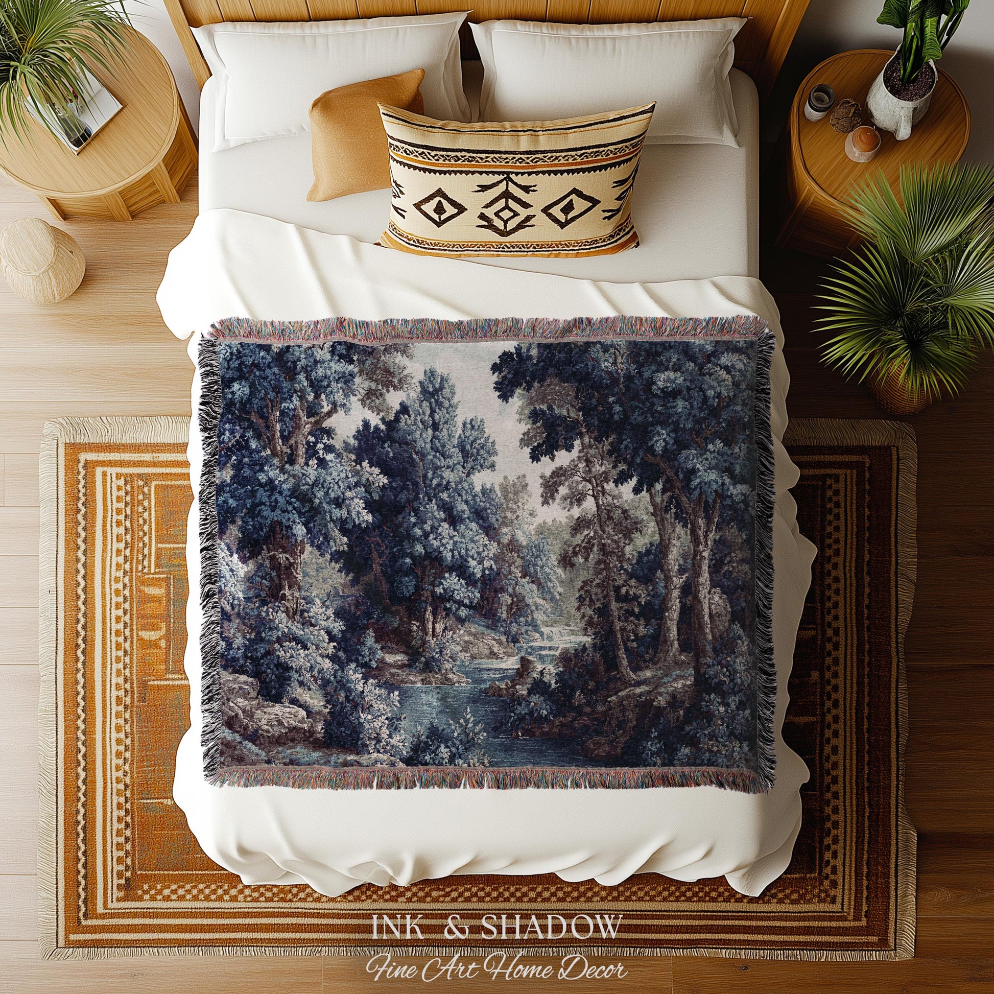 Cozy Jacquard Woven Indigo Verdure Tapestry | Museum Wall Art Early Decorative Textile Romantic Rococo Landscape Forest Timeless French Home
