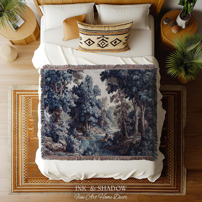 Cozy Jacquard Woven Indigo Verdure Tapestry | Museum Wall Art Early Decorative Textile Romantic Rococo Landscape Forest Timeless French Home
