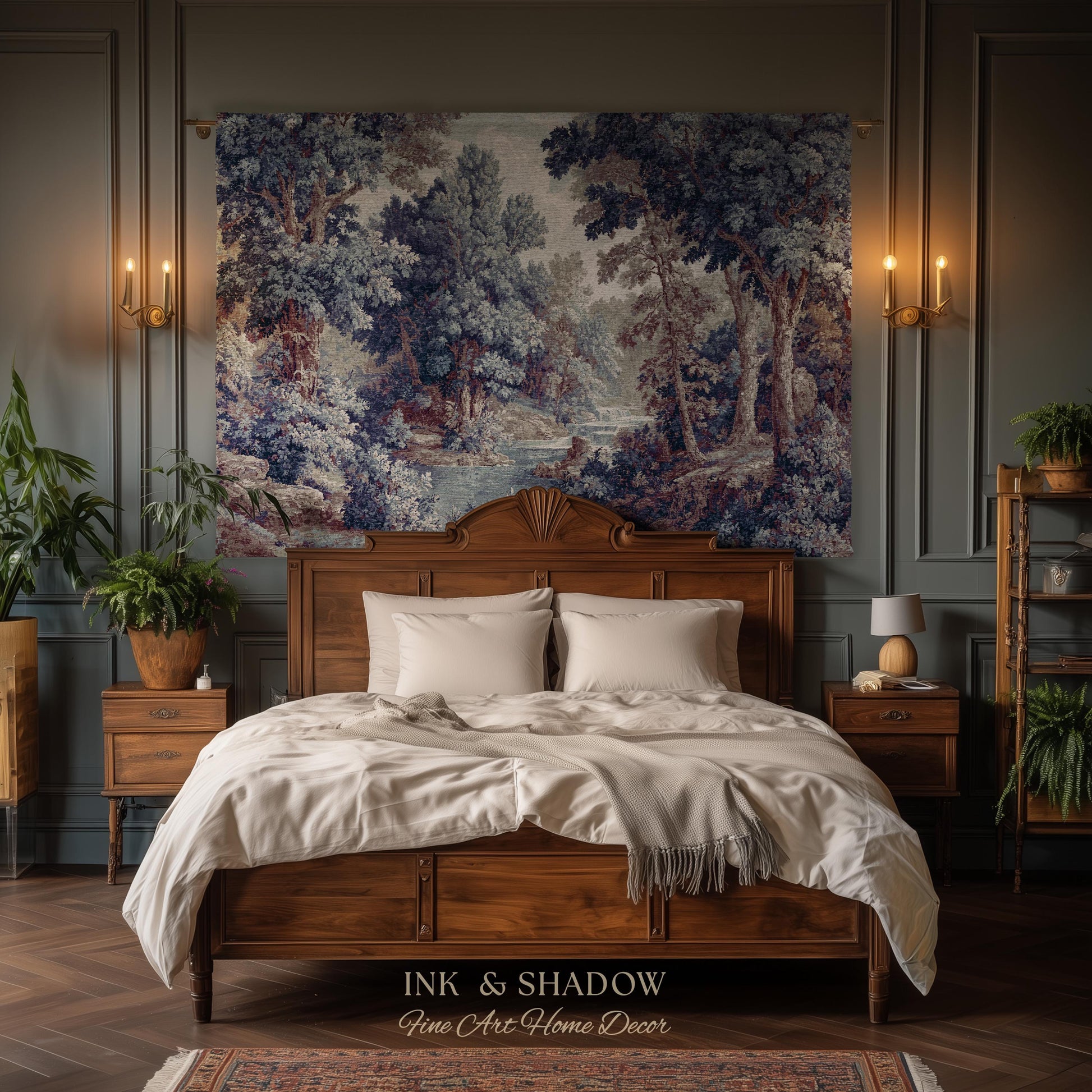 Cozy Jacquard Woven Indigo Verdure Tapestry | Museum Wall Art Early Decorative Textile Romantic Rococo Landscape Forest Timeless French Home