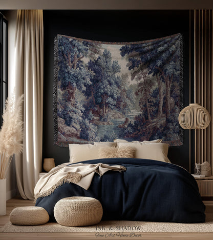 Cozy Jacquard Woven Indigo Verdure Tapestry | Museum Wall Art Early Decorative Textile Romantic Rococo Landscape Forest Timeless French Home