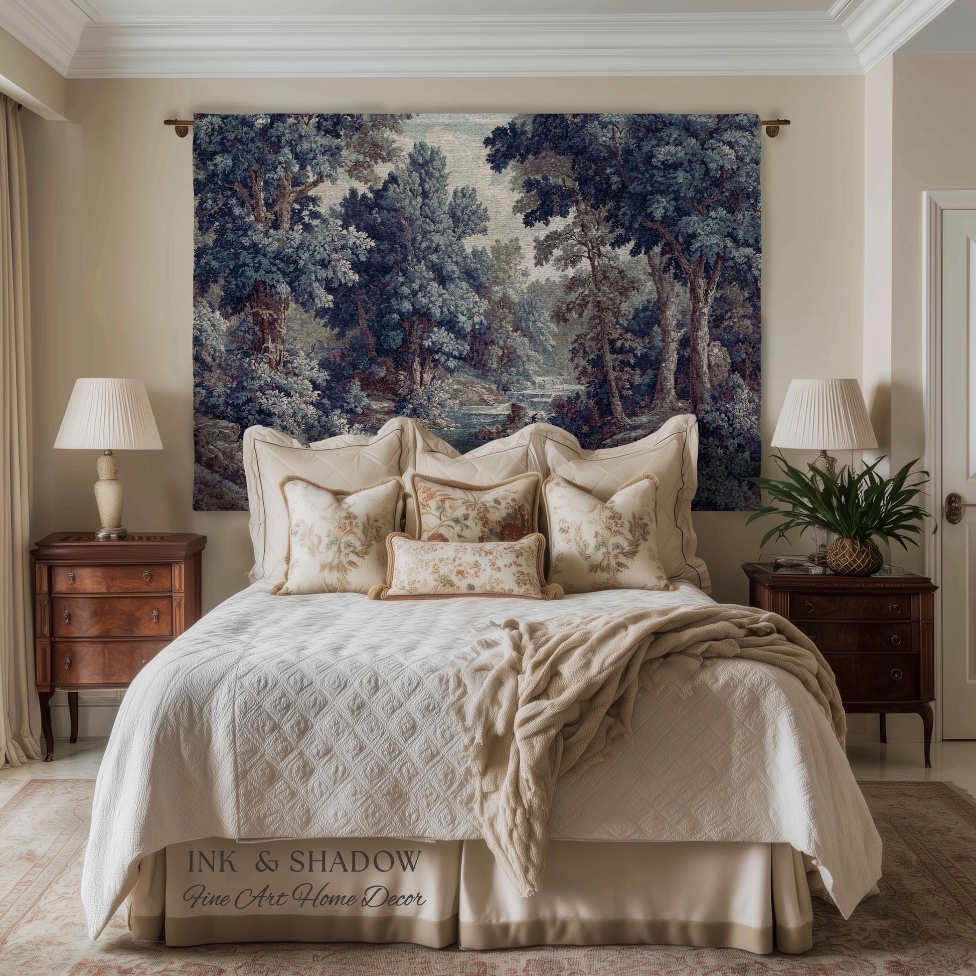 Cozy Jacquard Woven Indigo Verdure Tapestry | Museum Wall Art Early Decorative Textile Romantic Rococo Landscape Forest Timeless French Home