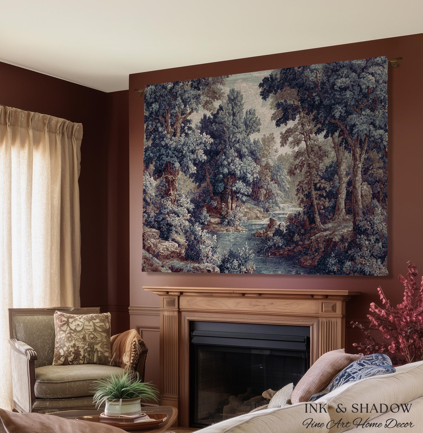 Cozy Jacquard Woven Indigo Verdure Tapestry | Museum Wall Art Early Decorative Textile Romantic Rococo Landscape Forest Timeless French Home