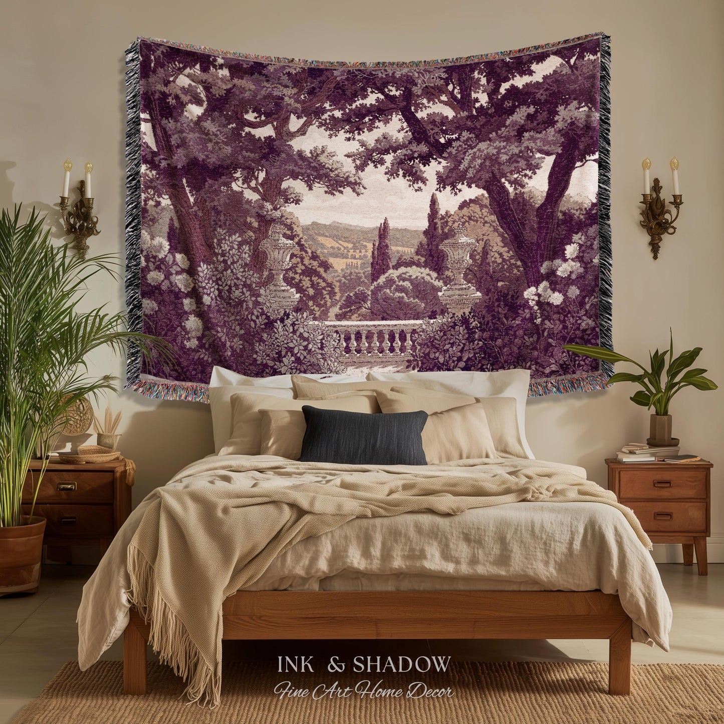 Dark Italian Garden Formal Woven Wall Art | Traditional Victorian Tapestry European Estate Jacquard Throw Blanket Neoclassical Home Romantic