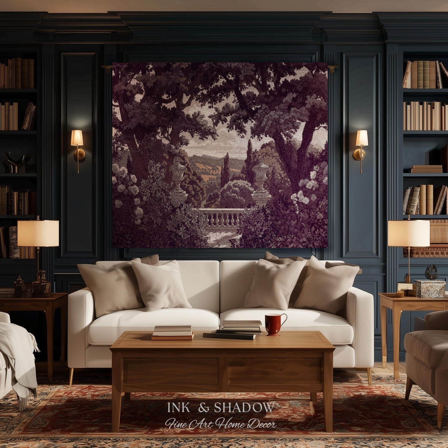 Dark Italian Garden Formal Woven Wall Art | Traditional Victorian Tapestry European Estate Jacquard Throw Blanket Neoclassical Home Romantic