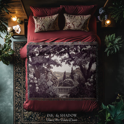 Dark Italian Garden Formal Woven Wall Art | Traditional Victorian Tapestry European Estate Jacquard Throw Blanket Neoclassical Home Romantic