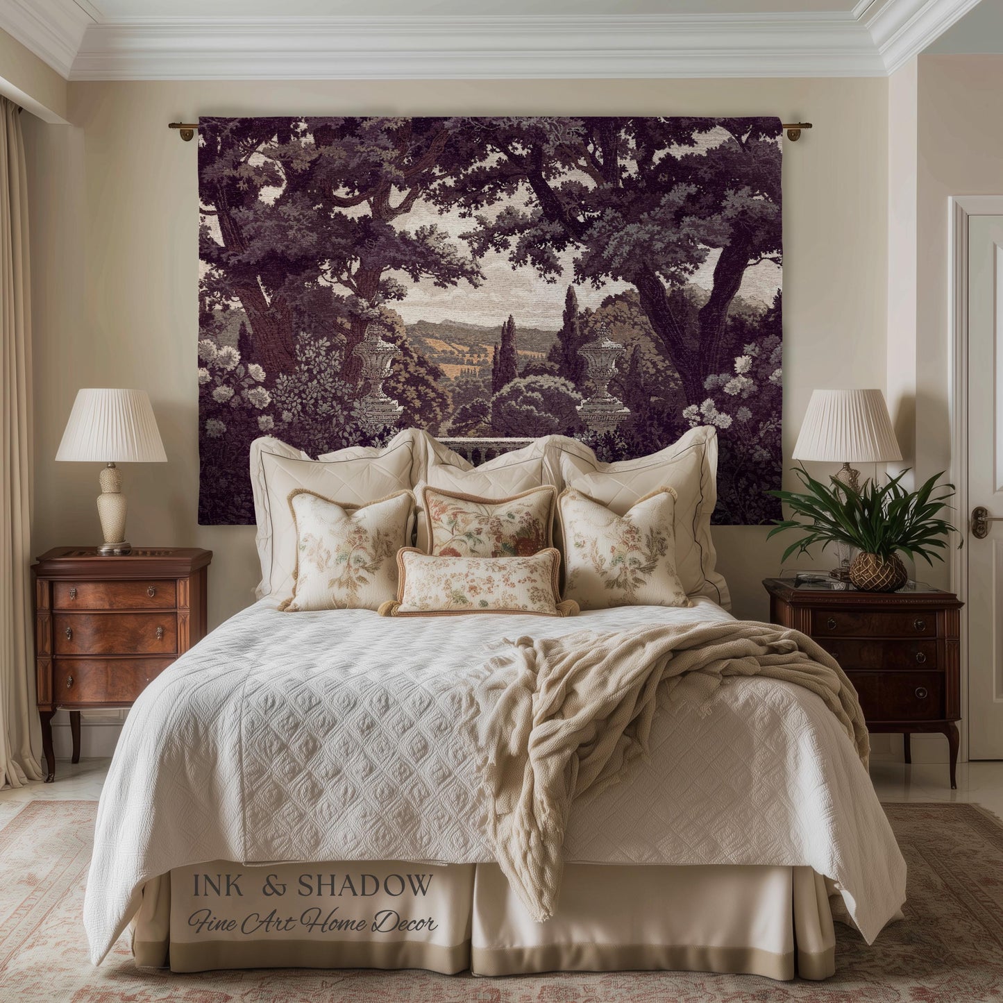 Dark Italian Garden Formal Woven Wall Art | Traditional Victorian Tapestry European Estate Jacquard Throw Blanket Neoclassical Home Romantic