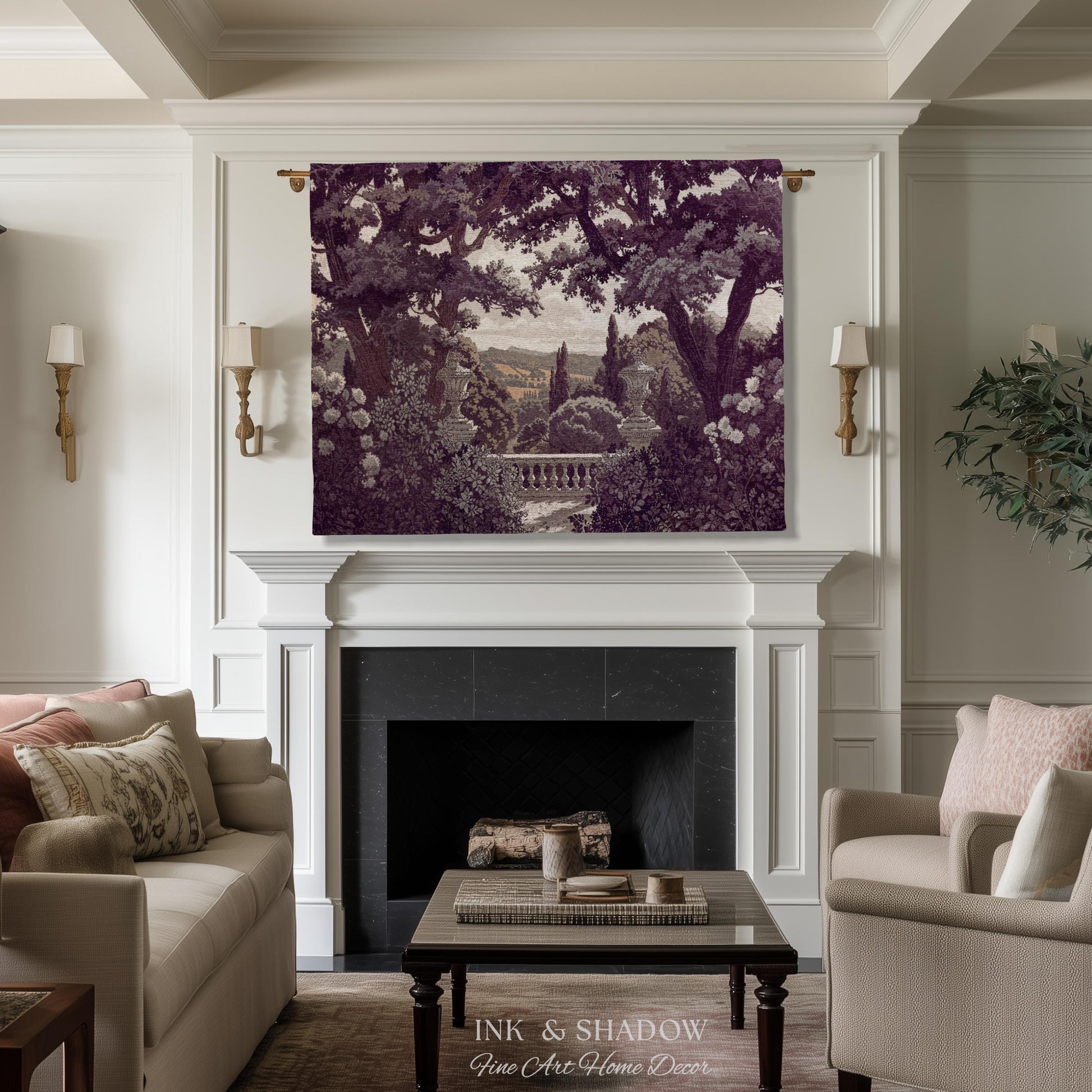 Dark Italian Garden Formal Woven Wall Art | Traditional Victorian Tapestry European Estate Jacquard Throw Blanket Neoclassical Home Romantic