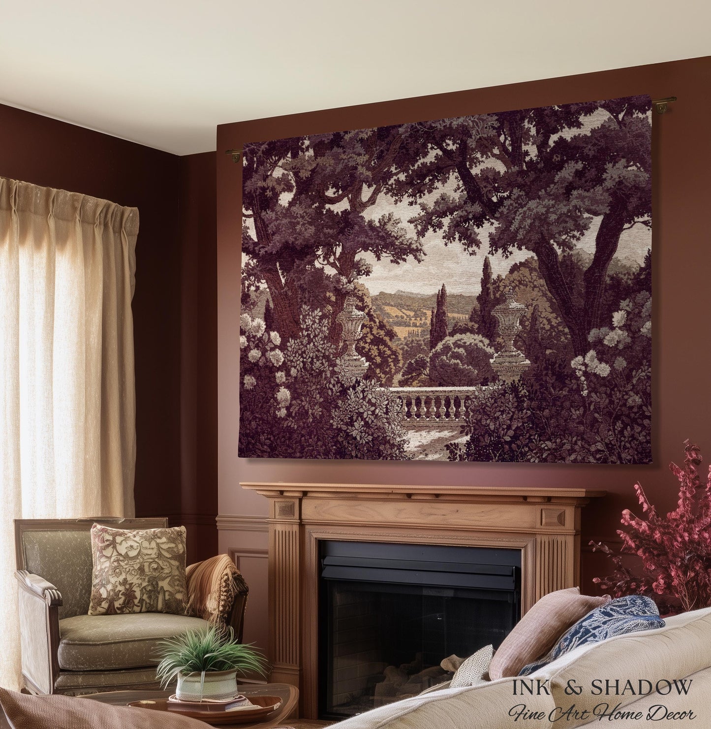Dark Italian Garden Formal Woven Wall Art | Traditional Victorian Tapestry European Estate Jacquard Throw Blanket Neoclassical Home Romantic
