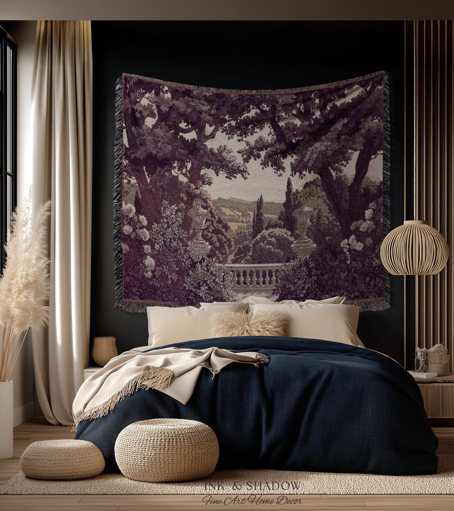 Dark Italian Garden Formal Woven Wall Art | Traditional Victorian Tapestry European Estate Jacquard Throw Blanket Neoclassical Home Romantic