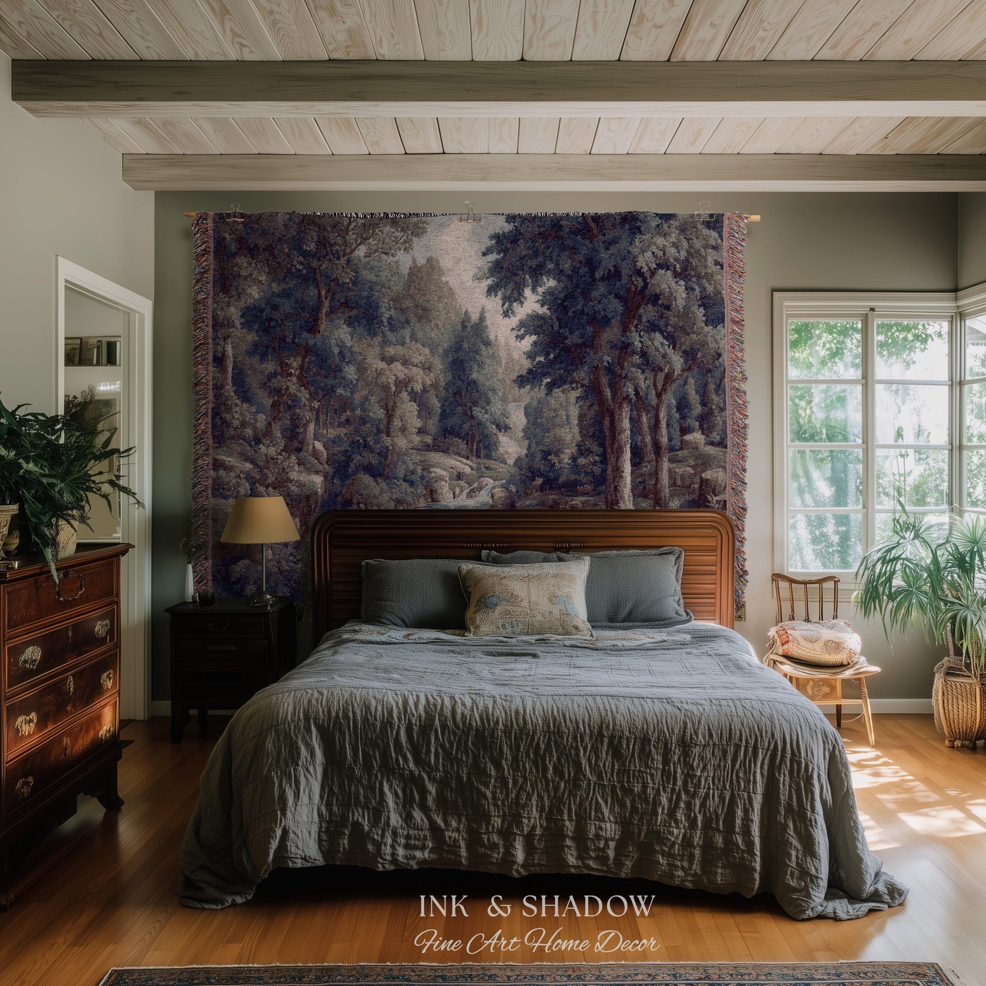Cool Tone Storybook Landscape Tapestry | Woodland Clearing European Verdure Jacquard Woven Throw Blanket Rustic Botanical Elegance Wall Art