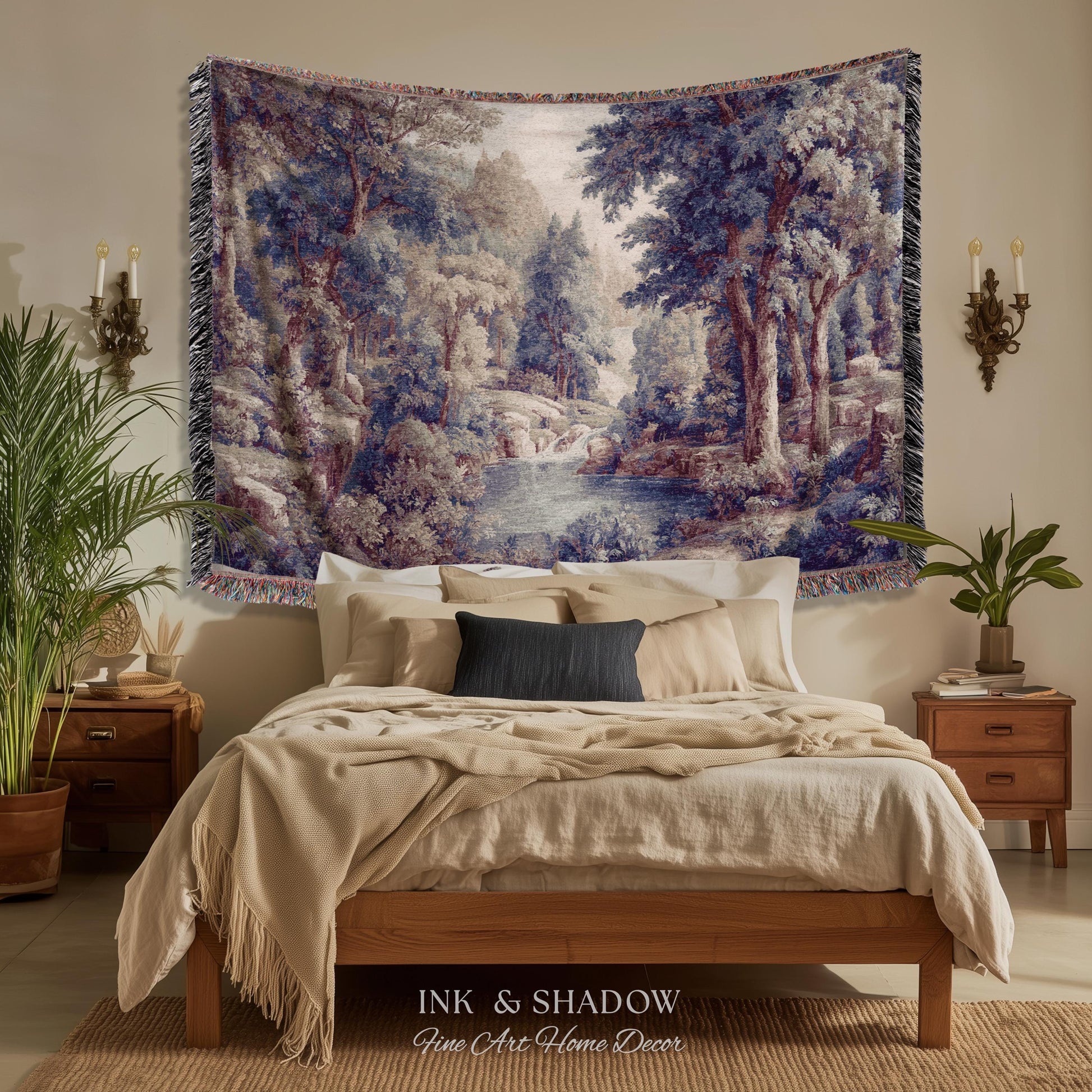 Cool Tone Storybook Landscape Tapestry | Woodland Clearing European Verdure Jacquard Woven Throw Blanket Rustic Botanical Elegance Wall Art