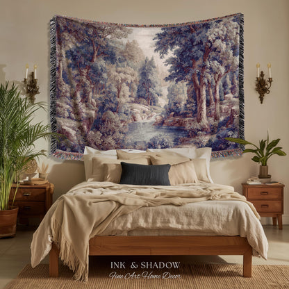 Cool Tone Storybook Landscape Tapestry | Woodland Clearing European Verdure Jacquard Woven Throw Blanket Rustic Botanical Elegance Wall Art