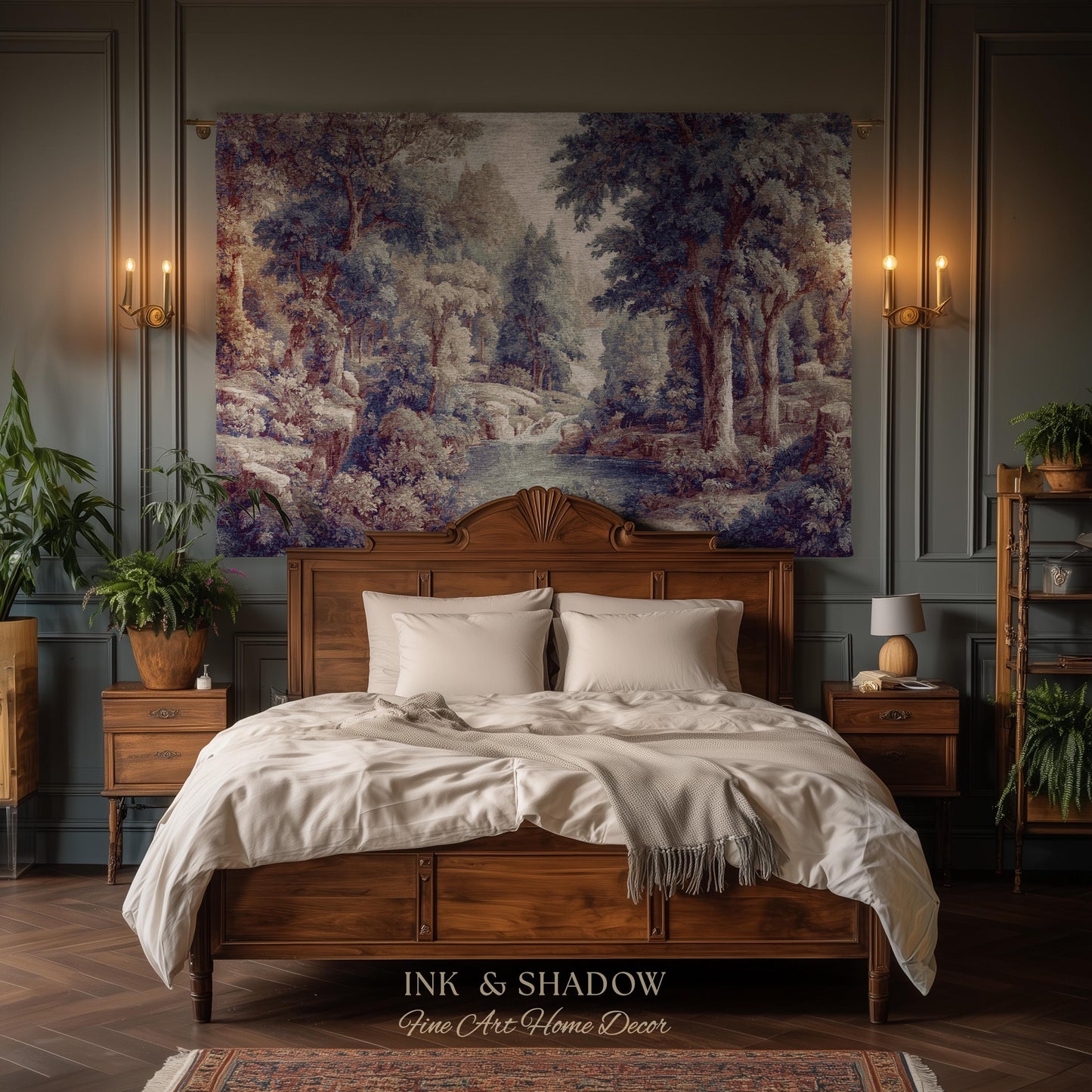 Cool Tone Storybook Landscape Tapestry | Woodland Clearing European Verdure Jacquard Woven Throw Blanket Rustic Botanical Elegance Wall Art