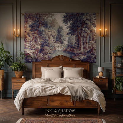 Cool Tone Storybook Landscape Tapestry | Woodland Clearing European Verdure Jacquard Woven Throw Blanket Rustic Botanical Elegance Wall Art