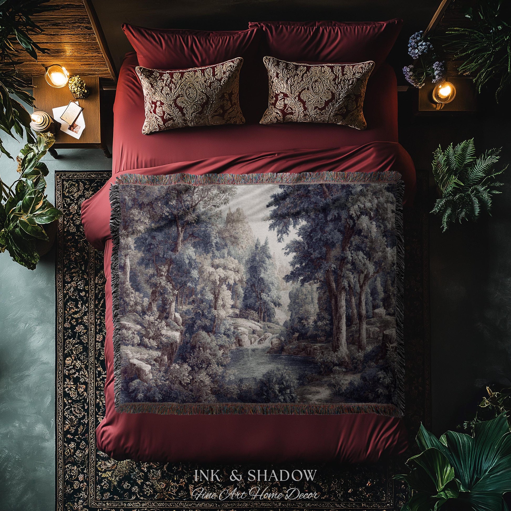 Cool Tone Storybook Landscape Tapestry | Woodland Clearing European Verdure Jacquard Woven Throw Blanket Rustic Botanical Elegance Wall Art