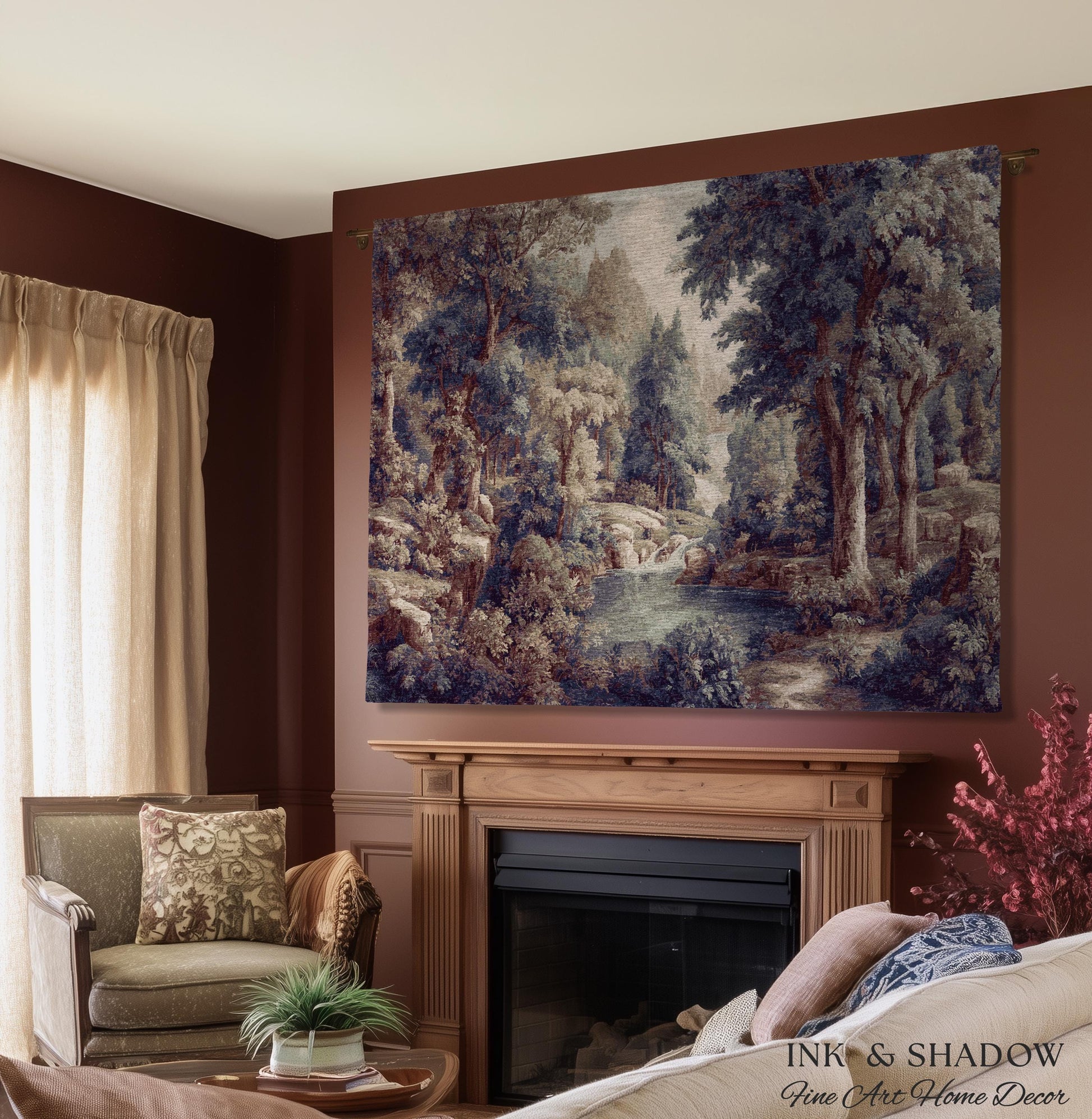 Cool Tone Storybook Landscape Tapestry | Woodland Clearing European Verdure Jacquard Woven Throw Blanket Rustic Botanical Elegance Wall Art