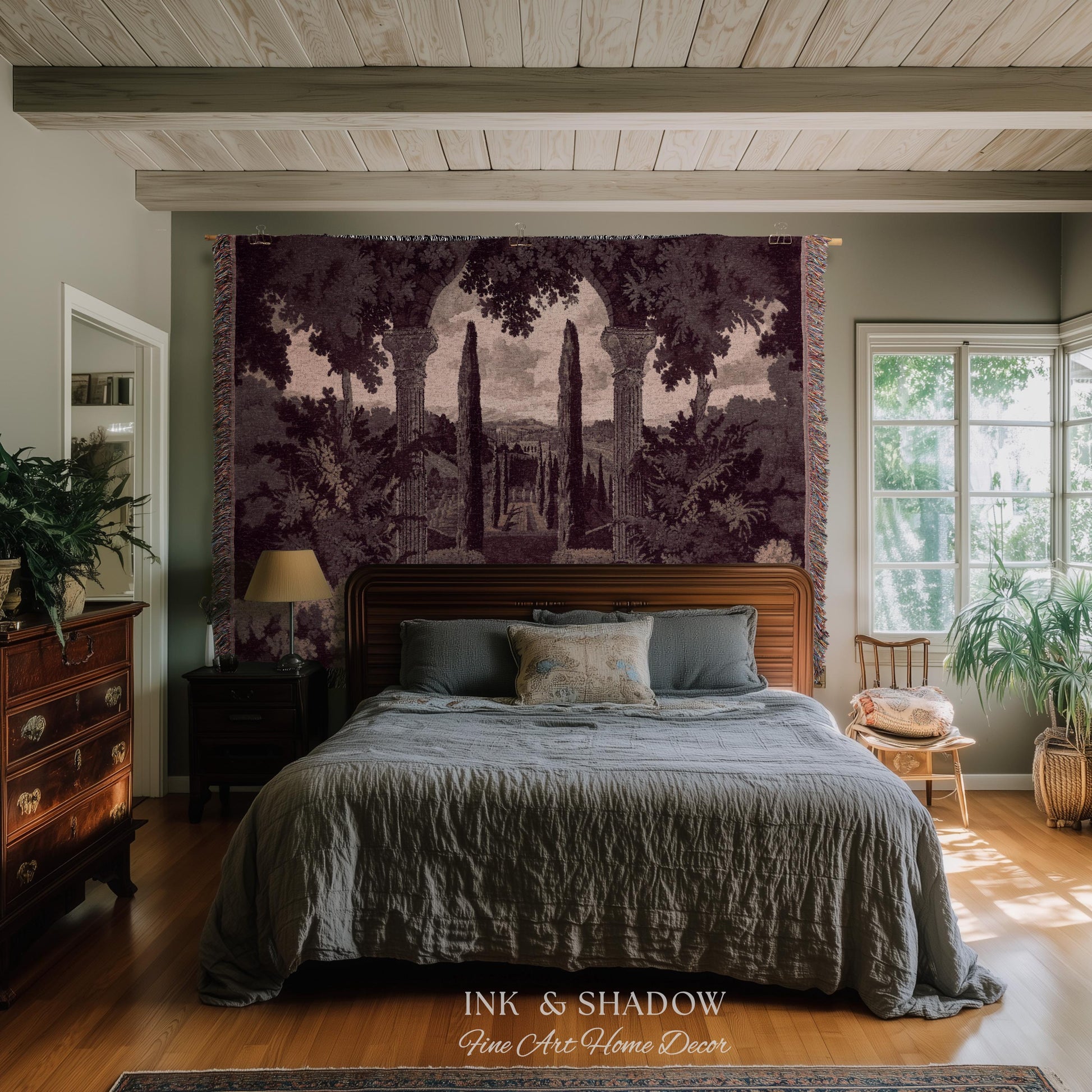 Cypress Garden Terrace Tapestry Wall Hanging | Woven Jacquard Neoclassical Italian Scenery Botanical European Estate Landscape Verdure Art