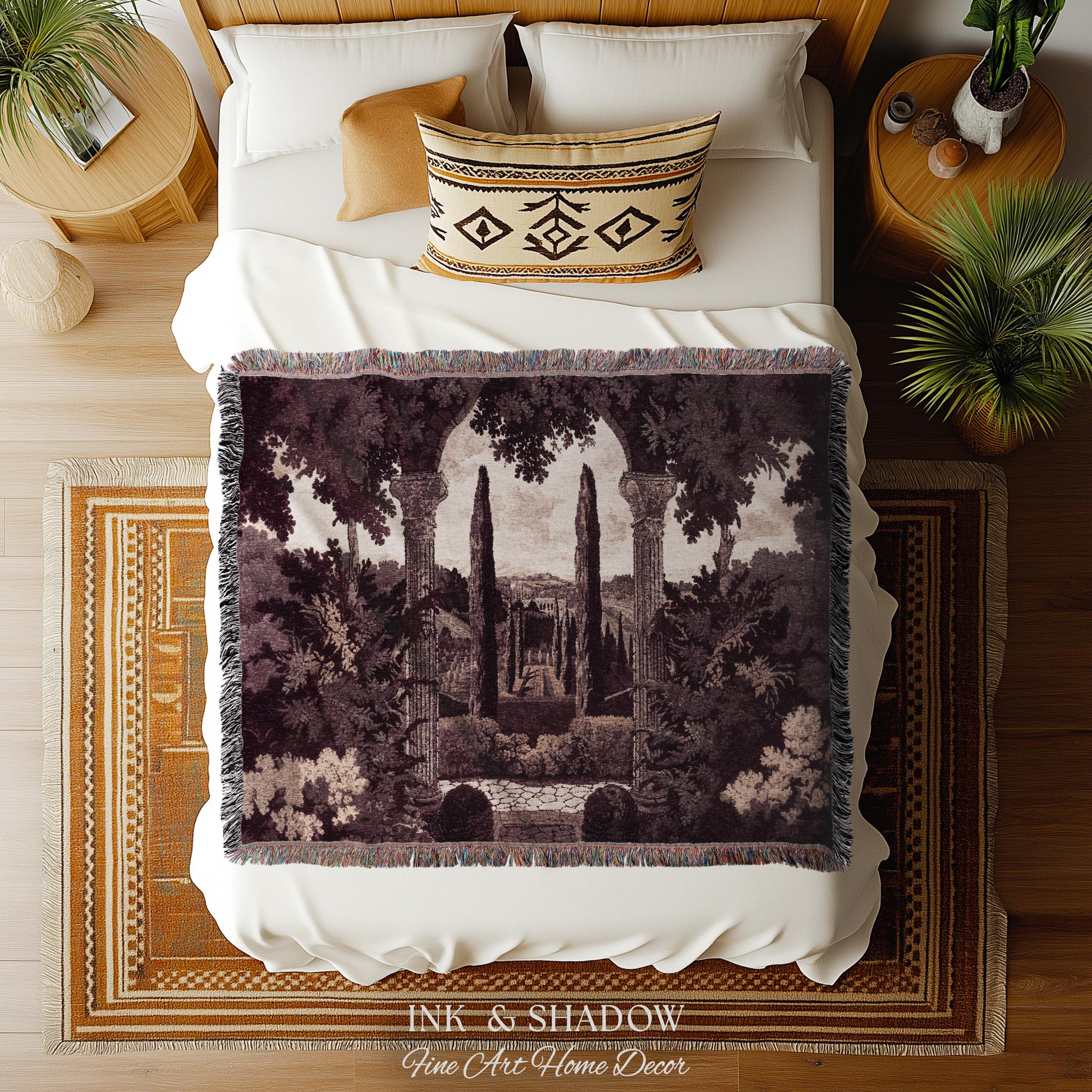 Cypress Garden Terrace Tapestry Wall Hanging | Woven Jacquard Neoclassical Italian Scenery Botanical European Estate Landscape Verdure Art