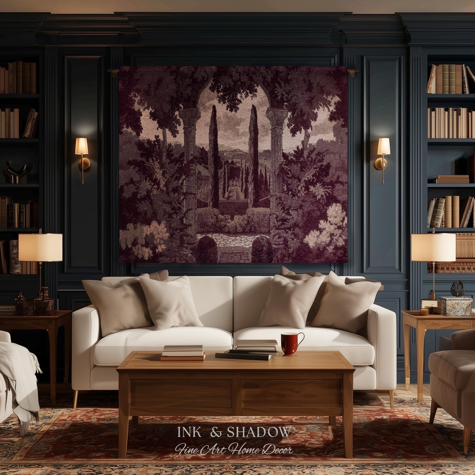 Cypress Garden Terrace Tapestry Wall Hanging | Woven Jacquard Neoclassical Italian Scenery Botanical European Estate Landscape Verdure Art