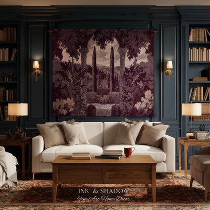 Cypress Garden Terrace Tapestry Wall Hanging | Woven Jacquard Neoclassical Italian Scenery Botanical European Estate Landscape Verdure Art